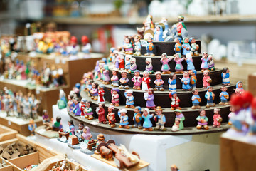 Photo of showcase with Christmas decorations in the market outdoor.