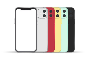 New smartphone 11  with blank screen have 5 color isolated on background