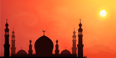 Dark mosque silhouette on hot sun orange sky background, vector banner and poster illustration