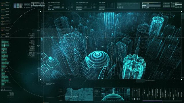 Futuristic holographic city digitally generated image virtual reality matrix particles in cyber space background environment with 5G icon digital wireless high speed fifth innovative generation