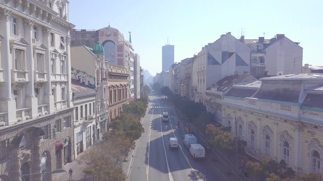 Cinematic establishing aerial shot of Terazije street in Belgrade