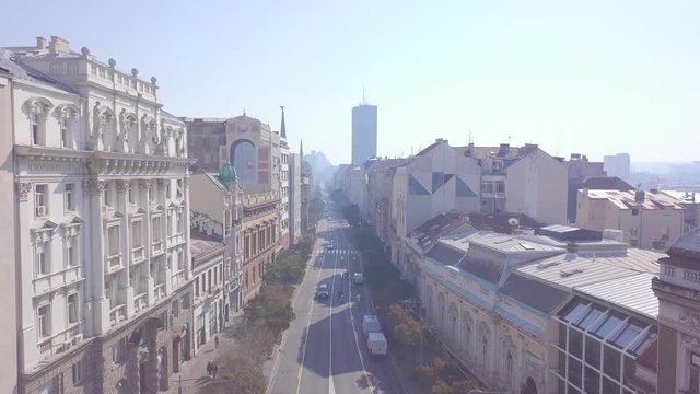 Incredible ascending aerial opening shot of Terazije street in Belgrade