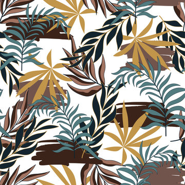 Abstract seamless tropical pattern with bright yellow and brown plants and leaves on delicate background. Summer colorful hawaiian seamless pattern with tropical plants. Tropic leaves in bright colors
