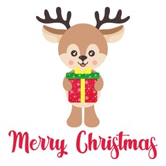 cartoon cute deer vector with christmas gift and text