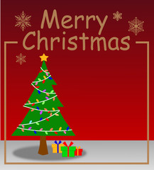 Fototapeta na wymiar Illustration of Christmas tree & gift boxes, Christmas tree and Merry Christmas text. Cute Christmas holidays background with space for own text. Design for greeting season or party invitation.