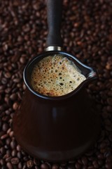 Fresh and tasty coffee in the Turka and coffee beans