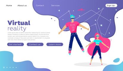 Young Man and woman in virtual reality glasses on a technology abstract violet Background. Landing page template. Vector illustration in modern flat style.