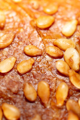 Sesame seeds on a brown crust of bread