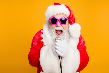 Jolly christmas x-mas performance from funky santa claus. Modern crazy grandfather in red fairy...