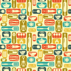 Seamless kitchen vector background with flat icons