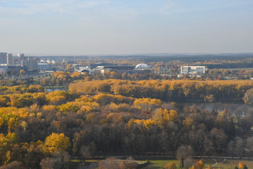 Aerial view of Minsk city. Autumn Victory Park and Svisloch River. Belarus