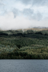 A view of Loch Ness and its woods on a foggy day