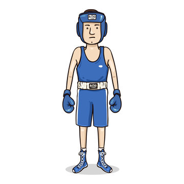 Vector Cartoon Color Character - Young Man in Blue Boxing Equipment