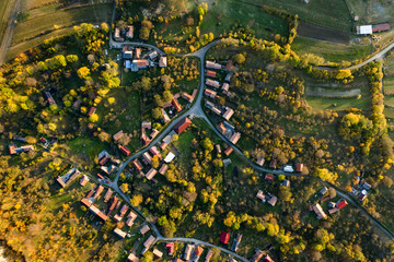 High angle aerial view of a small village at autumn
