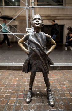 Fearless Girl Statue On Wall Street, New York City.