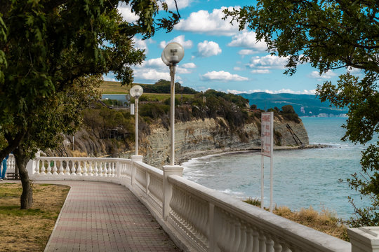 Picturesque embankment of Gelendzhik with lanterns in early autumn.