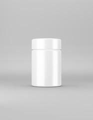 White medium glossy jar with lid mockup on a gray background. Template packaging food, cosmetics, chemistry. 3D rendering