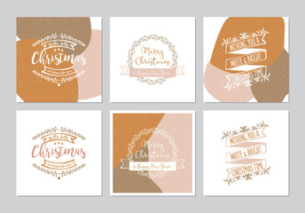 Merry Christmas square cards set with ornamental saying designs. Doodles and sketches vector Christmas illustrations.