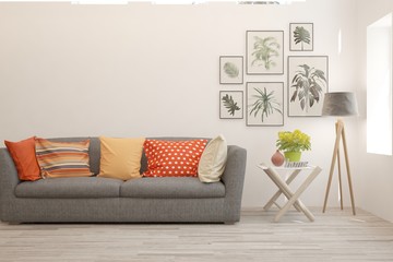 Stylish room in white color with sofa. Scandinavian interior design. 3D illustration