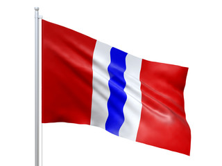 Omsk oblast (Federal subject of Russia) flag waving on white background, close up, isolated. 3D render