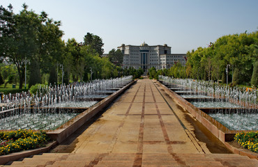 Tajikistan. Central Park "Gods Rudaki" in the capital Dushanbe. It is famous for many fountains and green alleys.