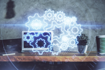 Multi exposure of business theme icons and table with computer background. Concept of success.