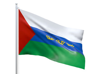 Tyumen oblast (Federal subject of Russia) flag waving on white background, close up, isolated. 3D render