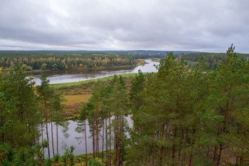 River Nemunas near Druskininkai. Scenic view from tower to top of trees and water. Cloudy sky at autumn