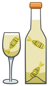 Golden trevally fishes inside of bottle and glass of white wine