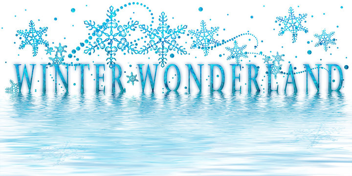 Graphic Strip Illustration with text, Winter Wonderland surrounded by blue white Snowflakes
