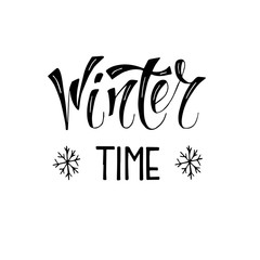 Winter time typographic poster. Calligraphic text for cards, banners, t-shirts or decoration with snowflake.