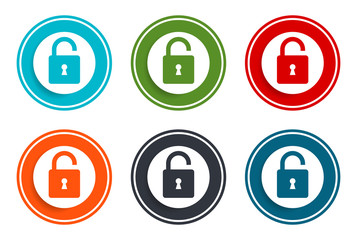 Padlock open icon flat vector illustration design round buttons collection 6 concept colorful frame simple circle set