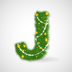 Decorated Christmas and New Year tree abc. Vector decorative font with fir-tree, stars and garlands. Retro vintage style typeface letter set.