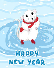 happy new year greeting card with cute white rat on ice rink with snowflakes blue background, editable vector illustration for holidays decoration