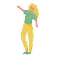 Fototapeta na wymiar Young dancing woman flat vector illustration. Joyful youngster on party celebration. Happy smiling caucasian full body girl in casual clothes isolated cartoon character on white background