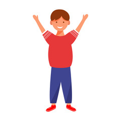 Happy boy flat vector illustration. Smiling standing male child. Cute cheerful preschooler. Positive emotions. Joyful kid hold hands up isolated cartoon character on white background