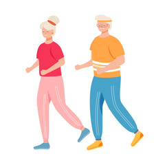 Retired people training flat vector illustration. Physical activity. Healthy lifestyle. Old couple in tracksuits are running. Active pensioners isolated cartoon character on white background