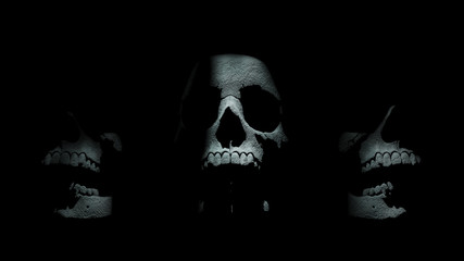 Human Skulls in Mystical Light. Dark Scary 3D Rendered Halloween Background.
