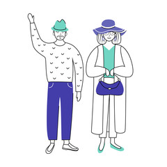 Retired people flat vector illustration. Senior age family. Elderly man waving. Old couple in outerwear. Pensioners isolated cartoon characters with outline elements on white background