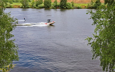 Water skiing on the river.