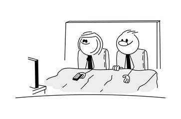 Doodle stick figure: Couple in the bed watching TV. Happy family.