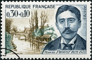 FRANCE - 1966: shows Valentin Louis Georges Eugene Marcel Proust (1871 - 1922) St Hilaire Bridge,...