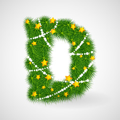 Decorated Christmas and New Year tree abc. Vector decorative font with fir-tree, stars and garlands. Retro vintage style typeface letter set.