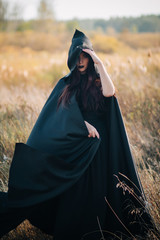 A girl in a black dress, a cloak with a hood. It stands in a high dry grass in the field against the background of the forest. Witch Costume, Satanist, Necromancer, Halloween Costume.
