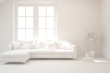 Mock up of stylish room in white color with sofa. Scandinavian interior design. 3D illustration