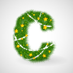 Decorated Christmas and New Year tree abc. Vector decorative font with fir-tree, stars and garlands. Retro vintage style typeface letter set.