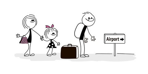 Doodle stick figure: Family go to the airport - Vector