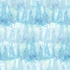 Obraz premium Seamless watercolor pattern, background. Blue spruce, pine, cedar, larch, purple, Blue abstract forest, silhouette of trees. Art illustration for your design. Abstract paint splash. Grunge texture
