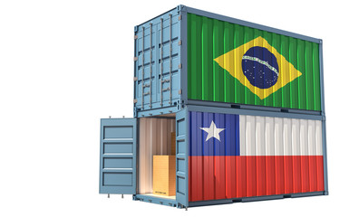 Two freight container with Chile and Brazil flag. Isolated on white - 3D Rendering