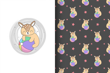 Cute deer play balloon ball and seamless pattern. Hand draw vector illustration
